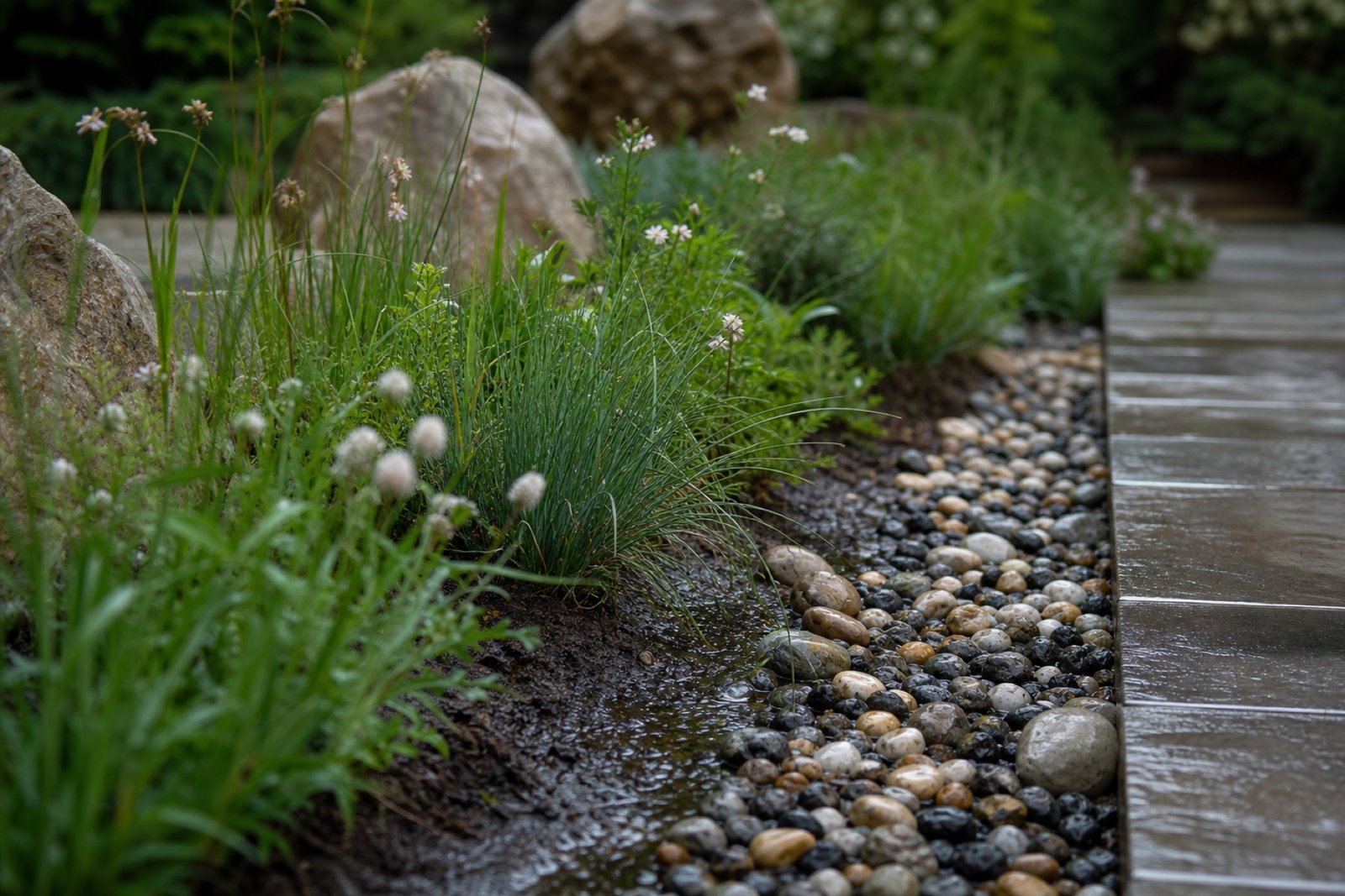 Jardin de pluie : sol humide, graviers drainants et plantes qui retiennent l’eau