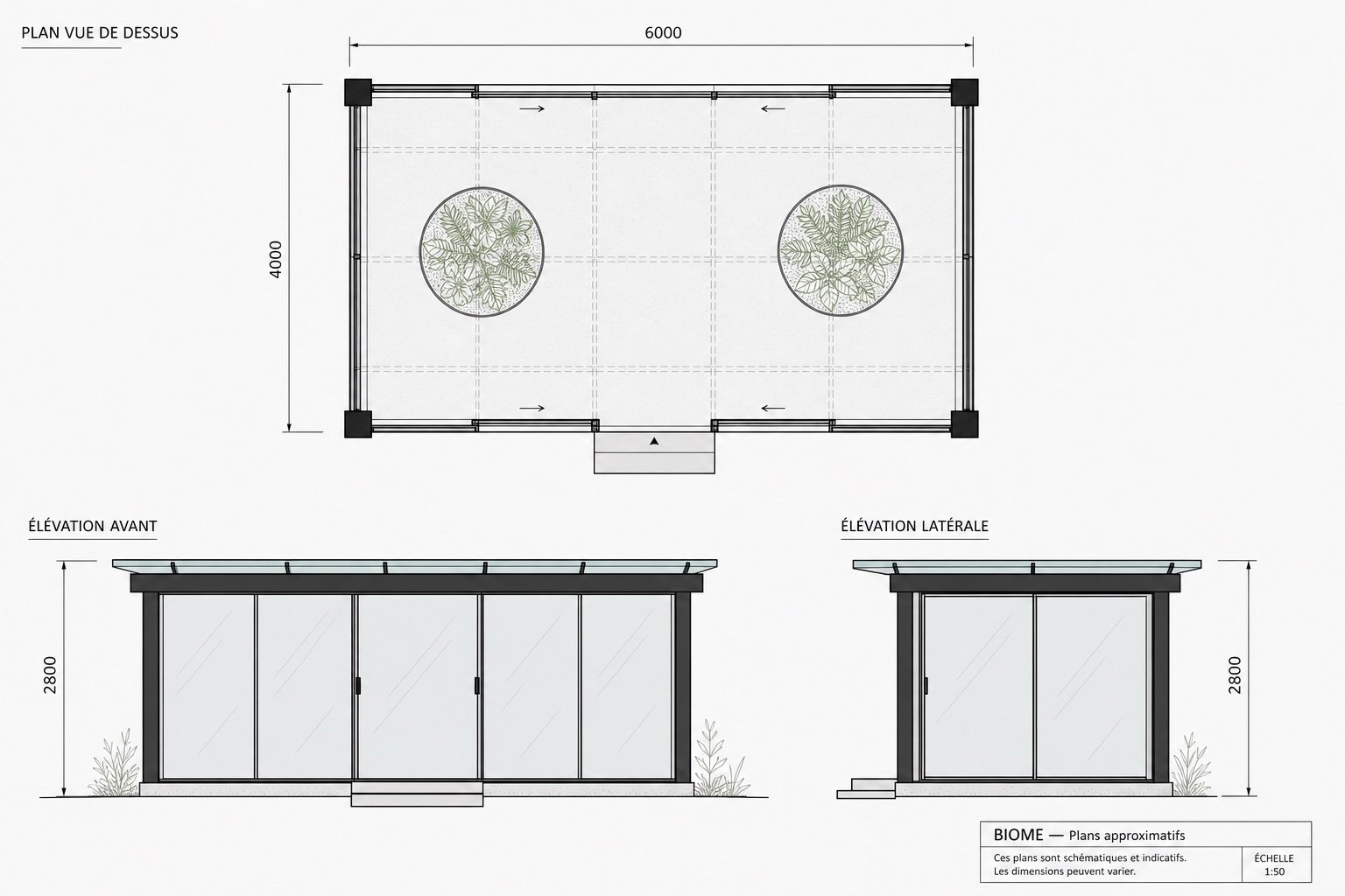 Plans approximatifs Biome : plan, élévation façade et côté